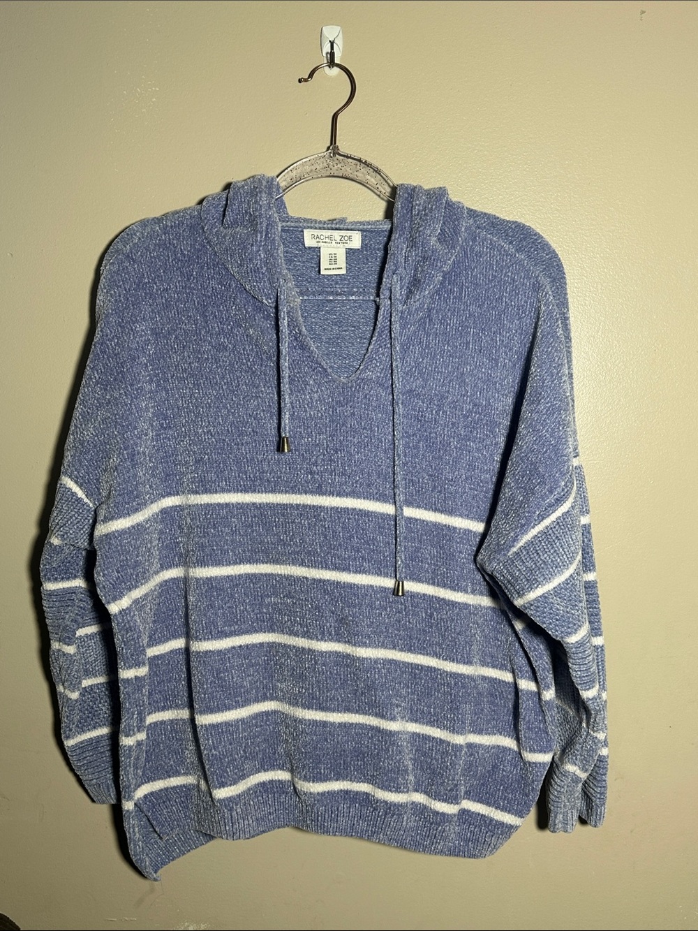 Rachel Zoe 1X Chenille Blue White Striped Hooded Sweater